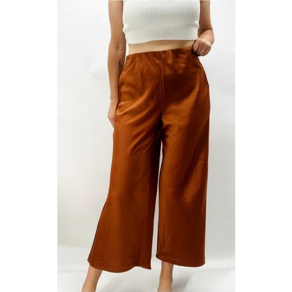 Joie Satin Wide Leg Pants Pull On Cropped Ankle Light Rust Womens Size 10 New